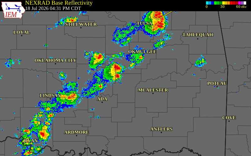 NEXRAD radar during the Saturday, July 18, 2026 storm activity in Hughes County, Oklahoma