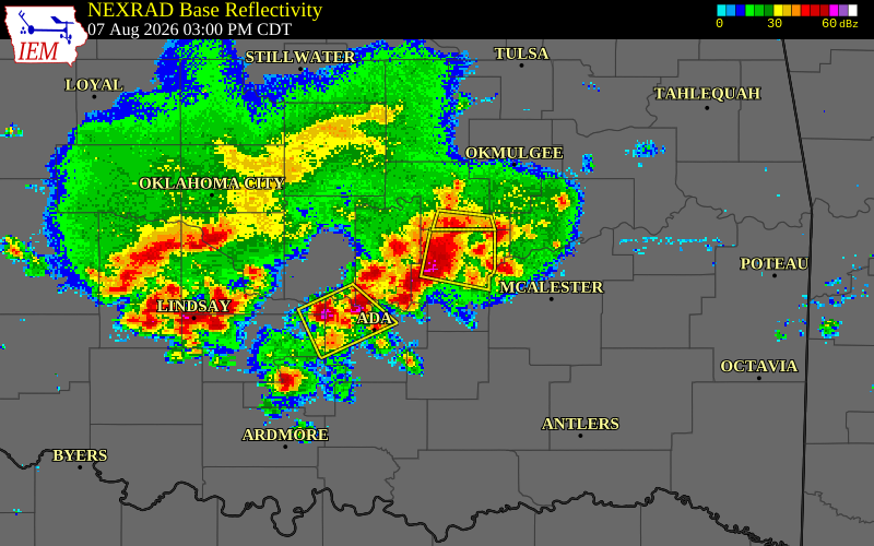 NEXRAD radar during the Friday, August 7, 2026 storm activity in Hughes County, Oklahoma