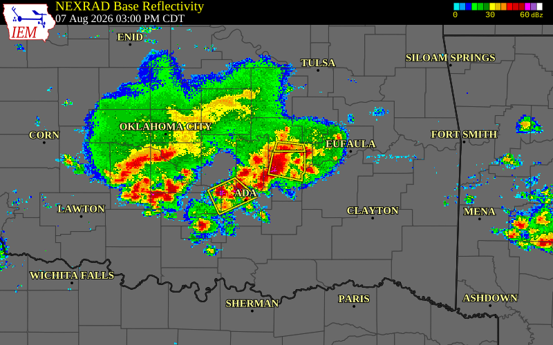 Radar snapshot during the Aug 7, 2026 wind event near 3 ESE Holdenville, Hughes County, Oklahoma, with NWS warning polygons