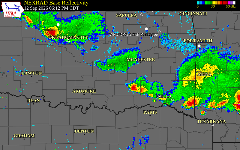 Current NEXRAD radar over Hughes County, Oklahoma with recent storm report locations