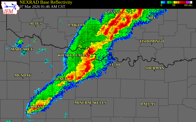 NEXRAD radar during the Saturday, March 7, 2026 storm activity in Jefferson County, Oklahoma