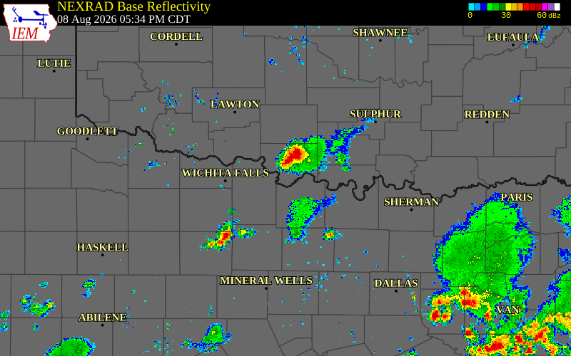 Radar snapshot during the Aug 8, 2026 wind event near Jefferson County, Jefferson County, Oklahoma, with NWS warning polygons