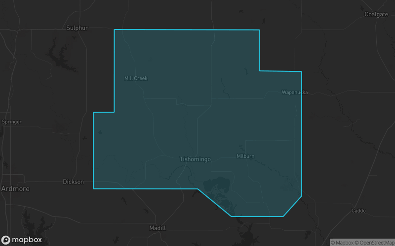 Map of Johnston County, Oklahoma showing the county boundary and surrounding cities
