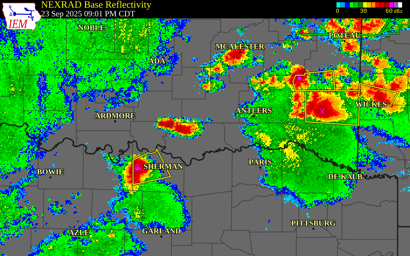 NEXRAD radar during the Tuesday, September 23, 2025 storm activity in Johnston County, Oklahoma