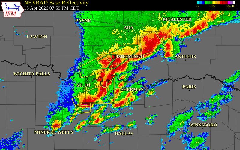 NEXRAD radar during the Wednesday, April 15, 2026 storm activity in Johnston County, Oklahoma
