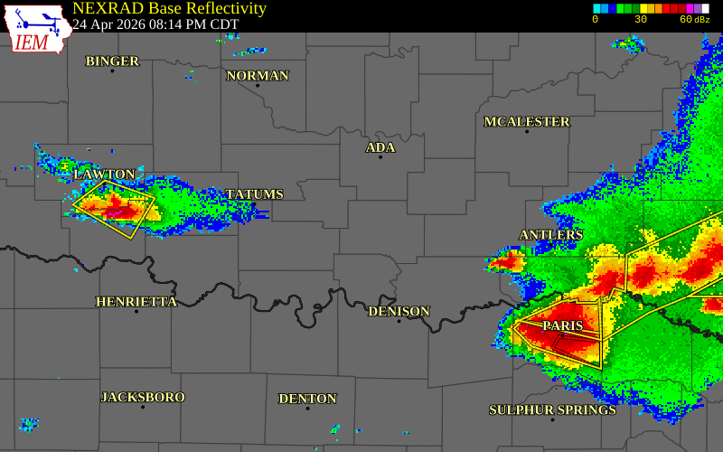 NEXRAD radar during the Friday, April 24, 2026 storm activity in Johnston County, Oklahoma