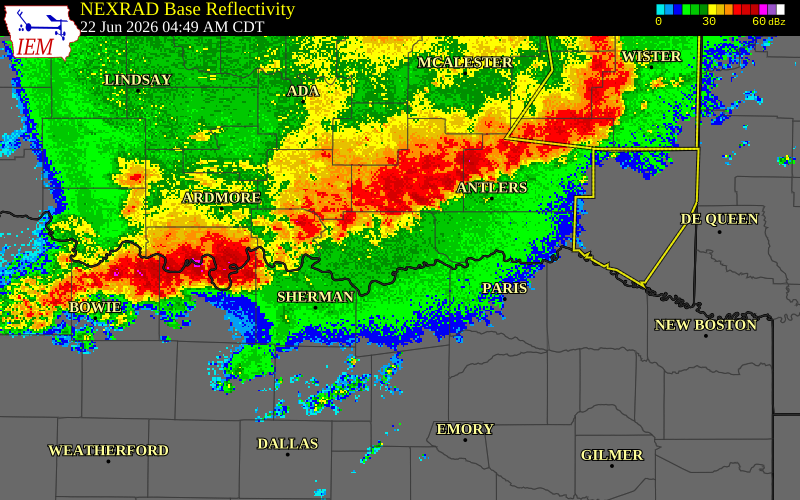 NEXRAD radar during the Monday, June 22, 2026 storm activity in Johnston County, Oklahoma