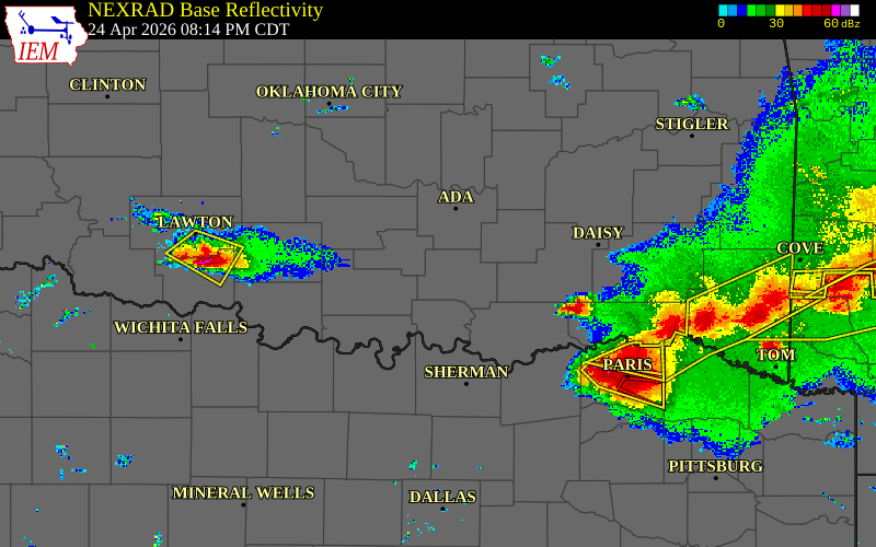 Radar snapshot during the Apr 24, 2026 tornado event near 4 SSE Mill Creek, Johnston County, Oklahoma, with NWS warning polygons