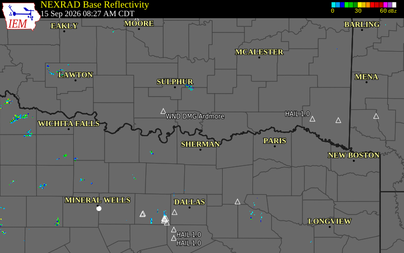 Current NEXRAD radar over Johnston County, Oklahoma with recent storm report locations