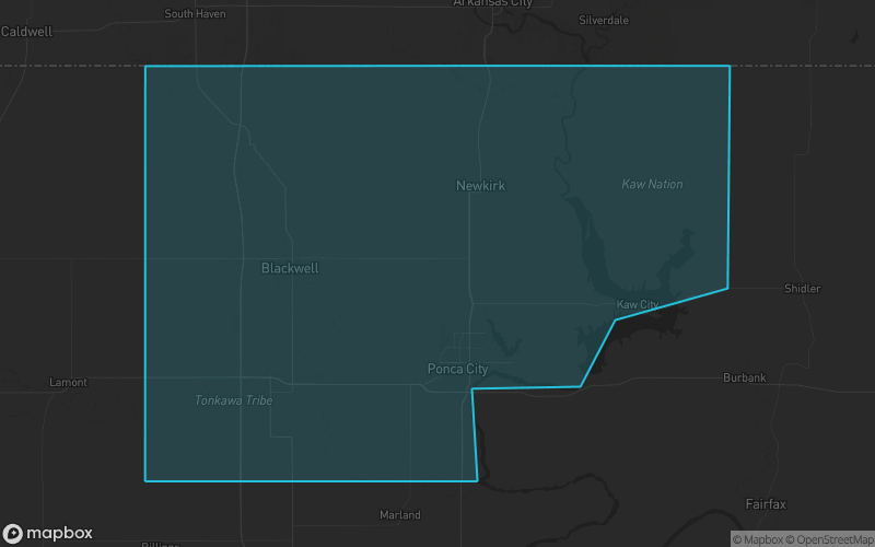 Map of Kay County, Oklahoma showing the county boundary and surrounding cities