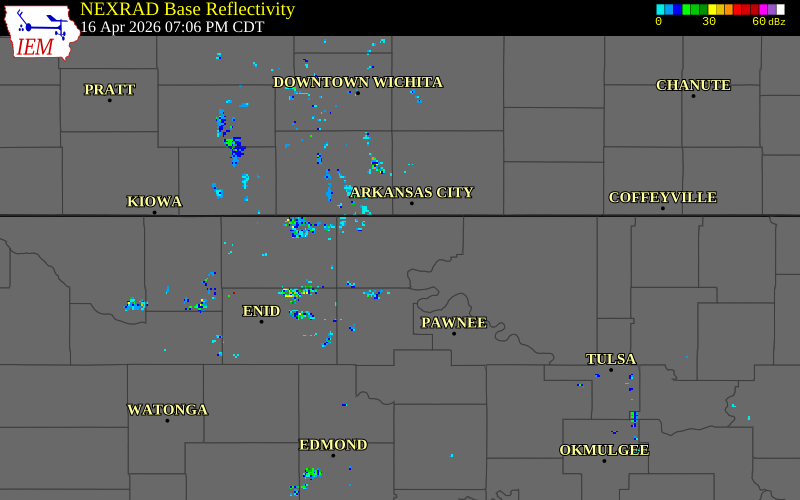 NEXRAD radar during the Thursday, April 16, 2026 storm activity in Kay County, Oklahoma