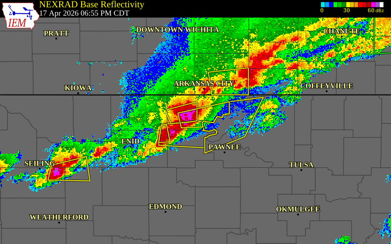 NEXRAD radar during the Friday, April 17, 2026 storm activity in Kay County, Oklahoma