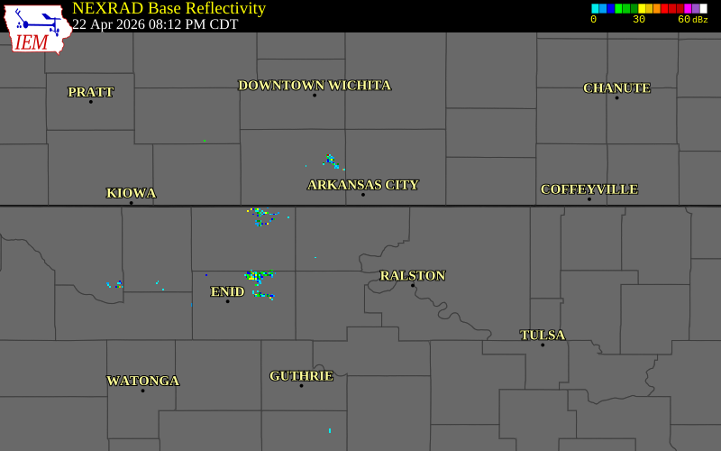NEXRAD radar during the Wednesday, April 22, 2026 storm activity in Kay County, Oklahoma
