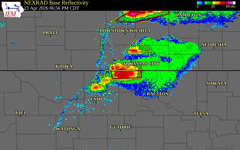 NEXRAD radar during the Thursday, April 23, 2026 storm activity in Kay County, Oklahoma