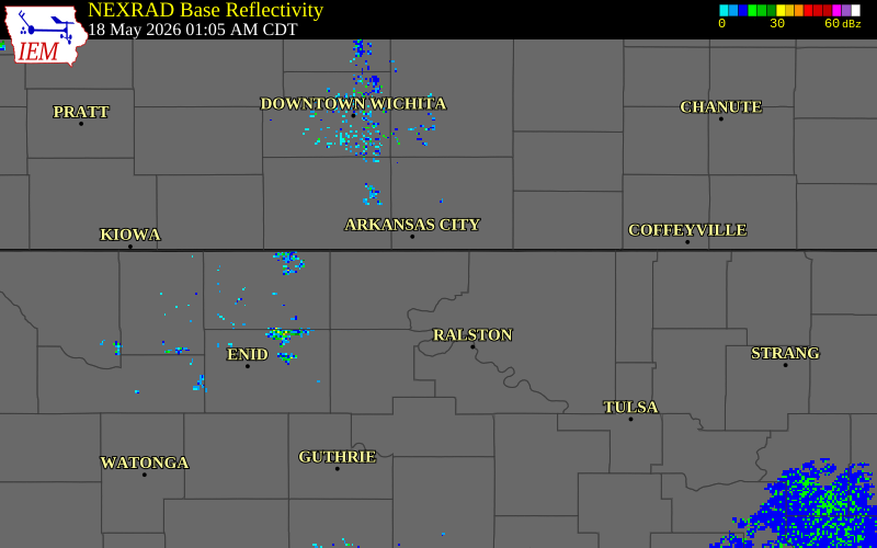 NEXRAD radar during the Monday, May 18, 2026 storm activity in Kay County, Oklahoma