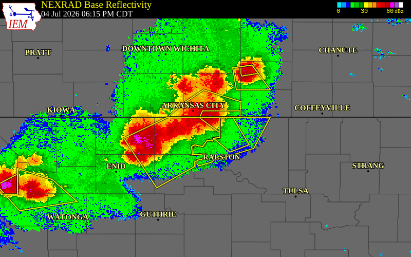 NEXRAD radar during the Saturday, July 4, 2026 storm activity in Kay County, Oklahoma