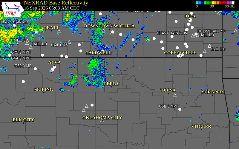 Current NEXRAD radar over Kay County, Oklahoma with recent storm report locations