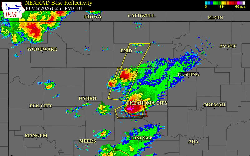 NEXRAD radar during the Tuesday, March 10, 2026 storm activity in Kingfisher County, Oklahoma