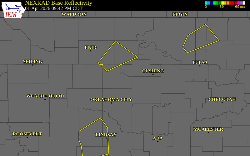 NEXRAD radar during the Wednesday, April 1, 2026 storm activity in Kingfisher County, Oklahoma