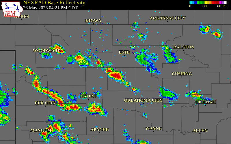 NEXRAD radar during the Tuesday, May 26, 2026 storm activity in Kingfisher County, Oklahoma