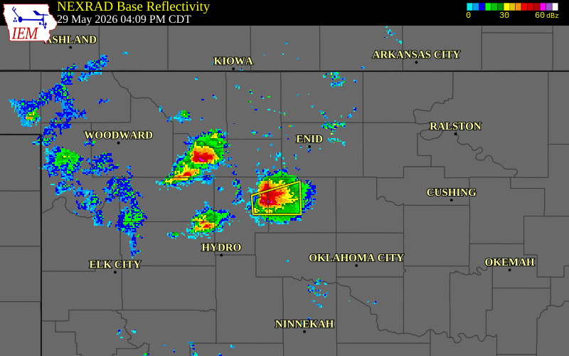 NEXRAD radar during the Friday, May 29, 2026 storm activity in Kingfisher County, Oklahoma