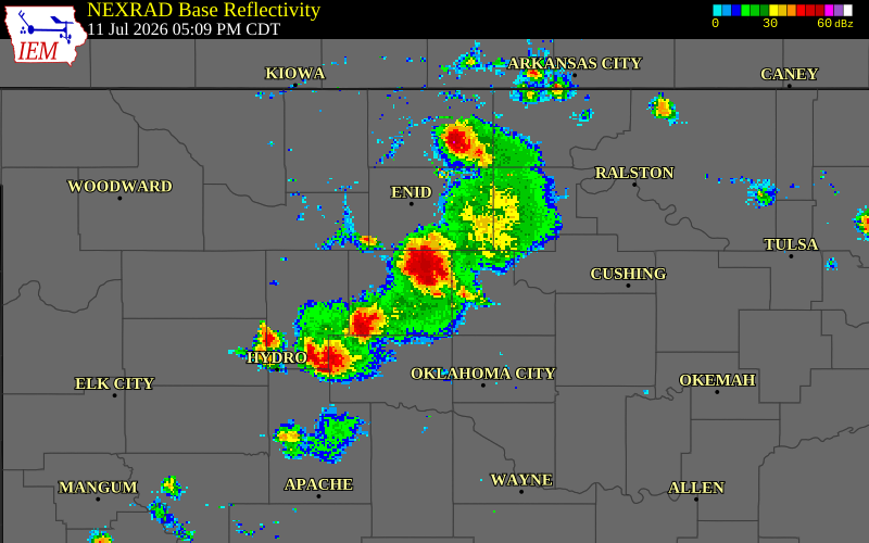 NEXRAD radar during the Saturday, July 11, 2026 storm activity in Kingfisher County, Oklahoma