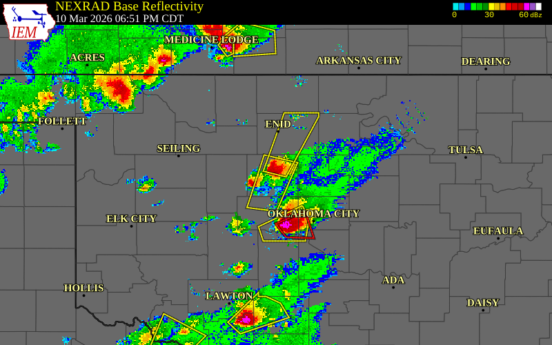 Radar snapshot during the Mar 10, 2026 hail event near Dover, Kingfisher County, Oklahoma, with NWS warning polygons