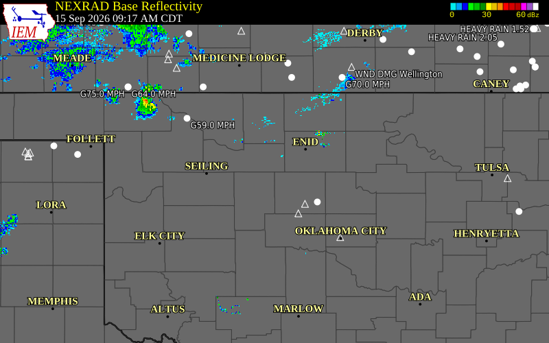 Current NEXRAD radar over Kingfisher County, Oklahoma with recent storm report locations