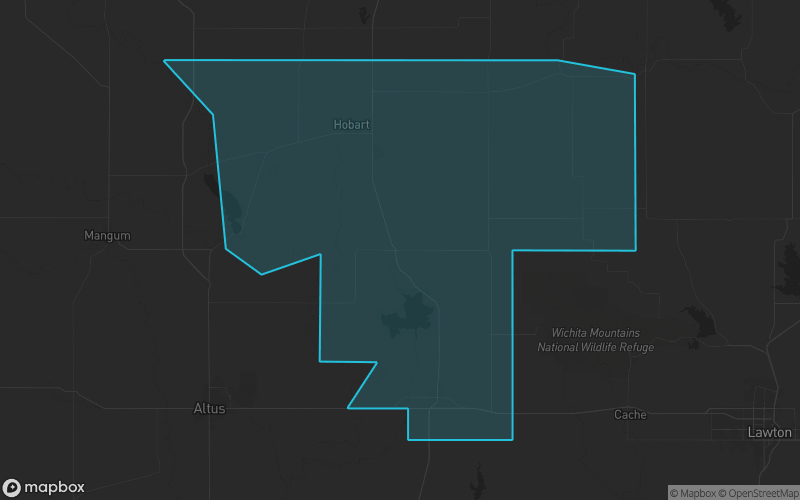 Map of Kiowa County, Oklahoma showing the county boundary and surrounding cities