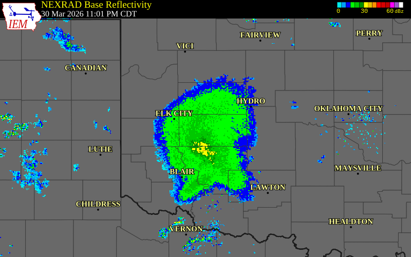 NEXRAD radar during the Monday, March 30, 2026 storm activity in Kiowa County, Oklahoma