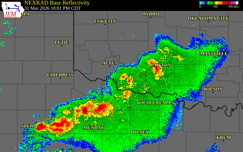 NEXRAD radar during the Tuesday, March 31, 2026 storm activity in Kiowa County, Oklahoma