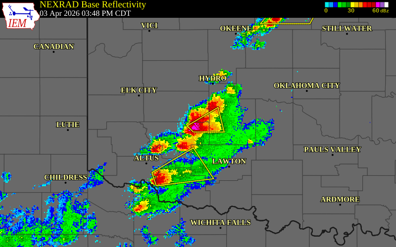 NEXRAD radar during the Friday, April 3, 2026 storm activity in Kiowa County, Oklahoma