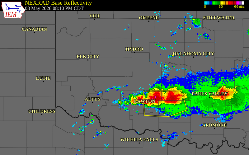 NEXRAD radar during the Friday, May 8, 2026 storm activity in Kiowa County, Oklahoma