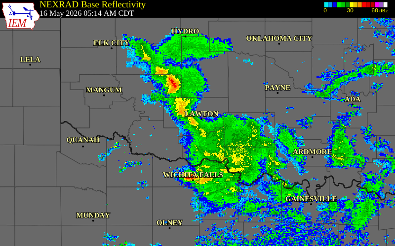 NEXRAD radar during the Saturday, May 16, 2026 storm activity in Kiowa County, Oklahoma