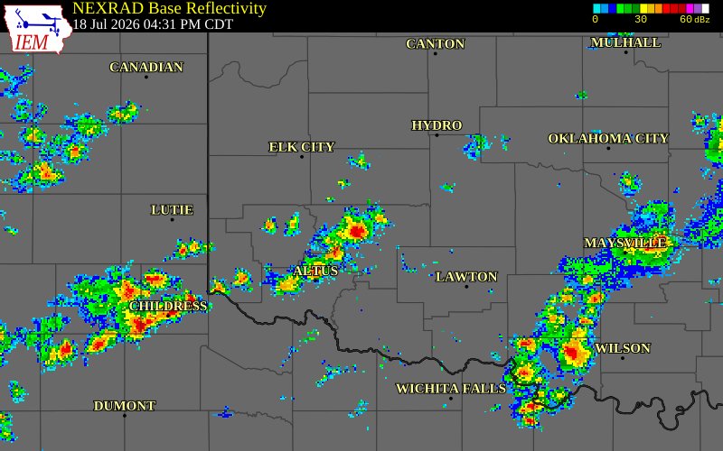 NEXRAD radar during the Saturday, July 18, 2026 storm activity in Kiowa County, Oklahoma