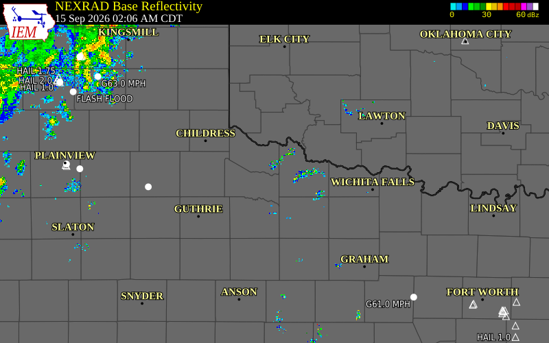 Current NEXRAD radar over Kiowa County, Oklahoma with recent storm report locations