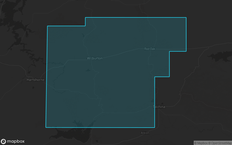 Map of Latimer County, Oklahoma showing the county boundary and surrounding cities