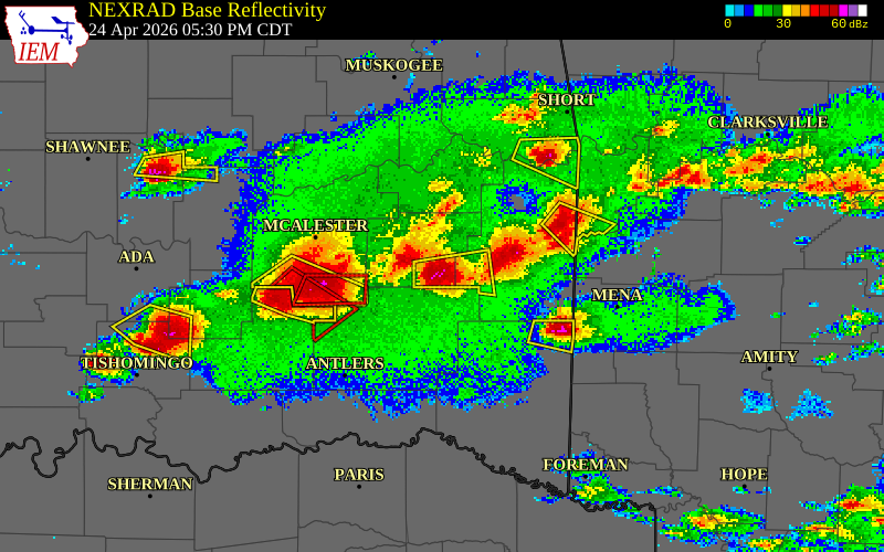 NEXRAD radar during the Friday, April 24, 2026 storm activity in Latimer County, Oklahoma