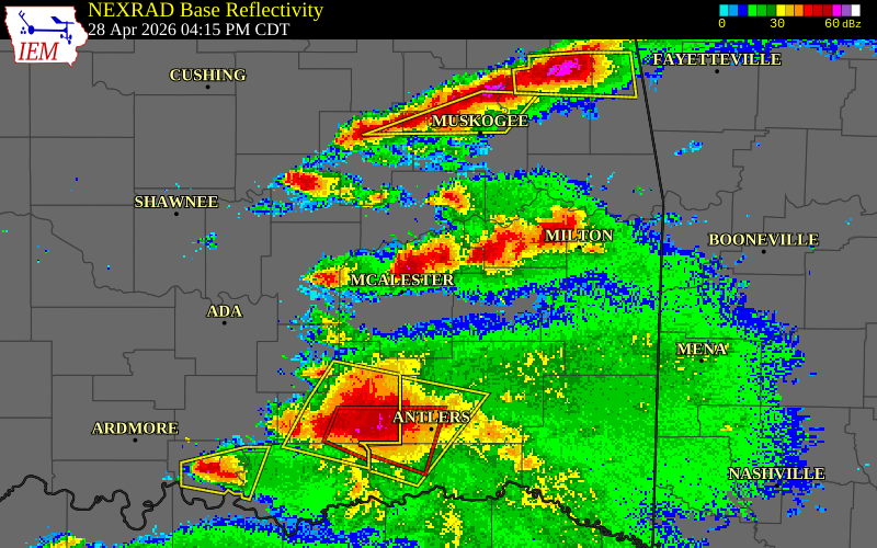 NEXRAD radar during the Tuesday, April 28, 2026 storm activity in Latimer County, Oklahoma