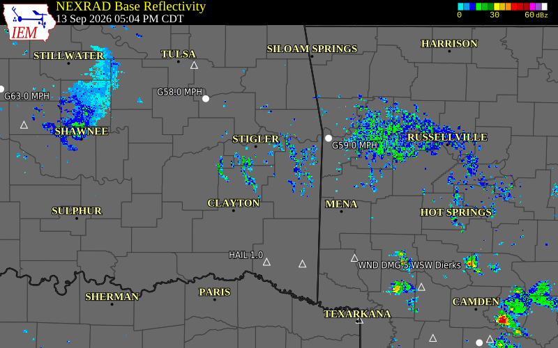 Current NEXRAD radar over Latimer County, Oklahoma with recent storm report locations