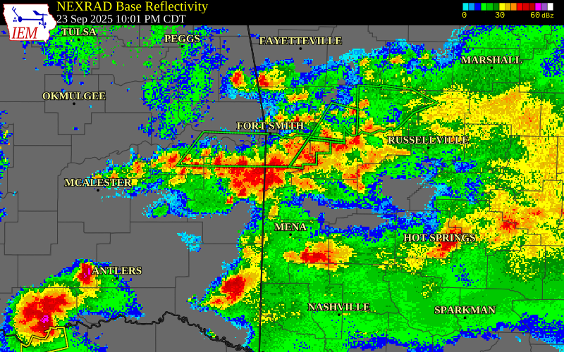 NEXRAD radar during the Tuesday, September 23, 2025 storm activity in Le Flore County, Oklahoma