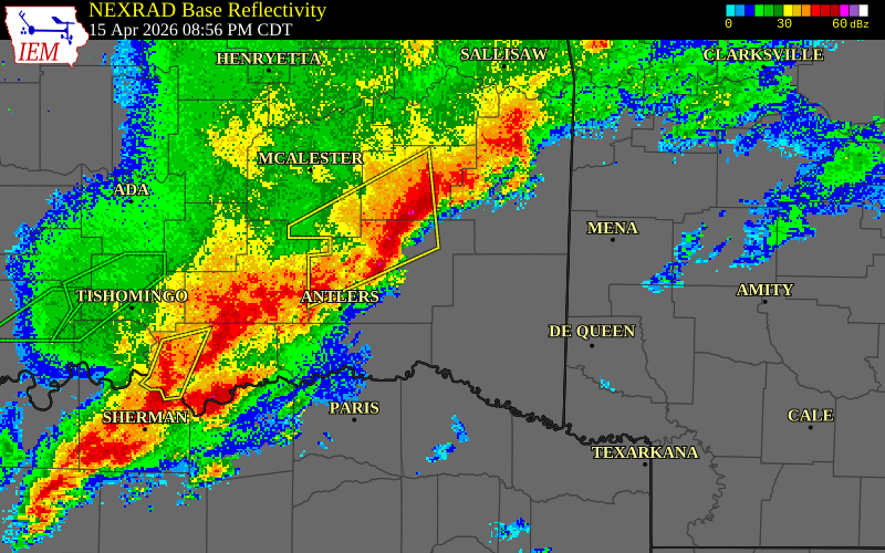 NEXRAD radar during the Wednesday, April 15, 2026 storm activity in Le Flore County, Oklahoma