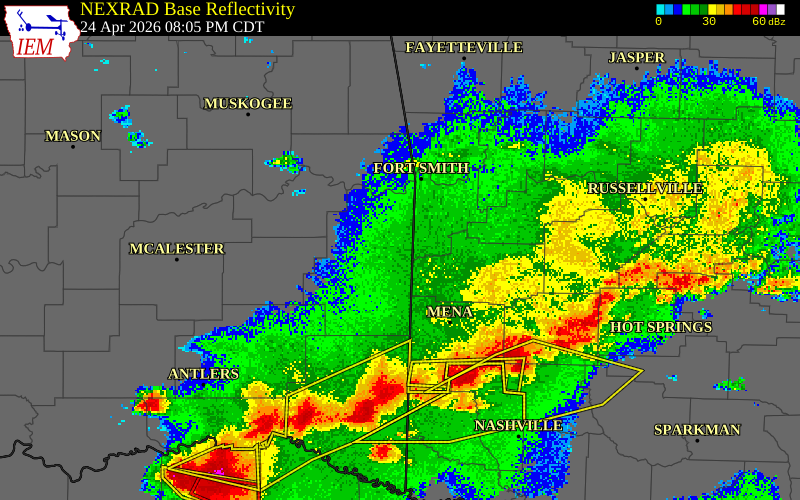 NEXRAD radar during the Friday, April 24, 2026 storm activity in Le Flore County, Oklahoma