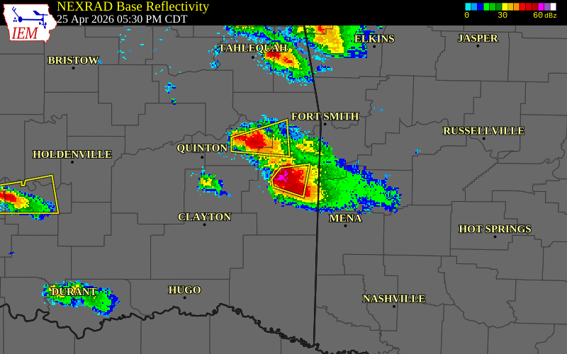 NEXRAD radar during the Saturday, April 25, 2026 storm activity in Le Flore County, Oklahoma