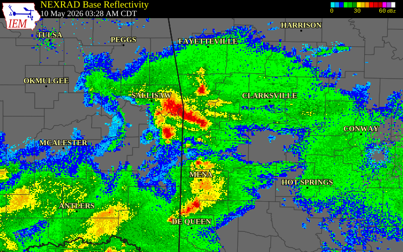 NEXRAD radar during the Sunday, May 10, 2026 storm activity in Le Flore County, Oklahoma