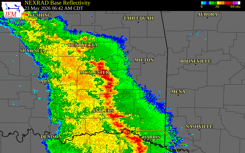 NEXRAD radar during the Saturday, May 23, 2026 storm activity in Le Flore County, Oklahoma