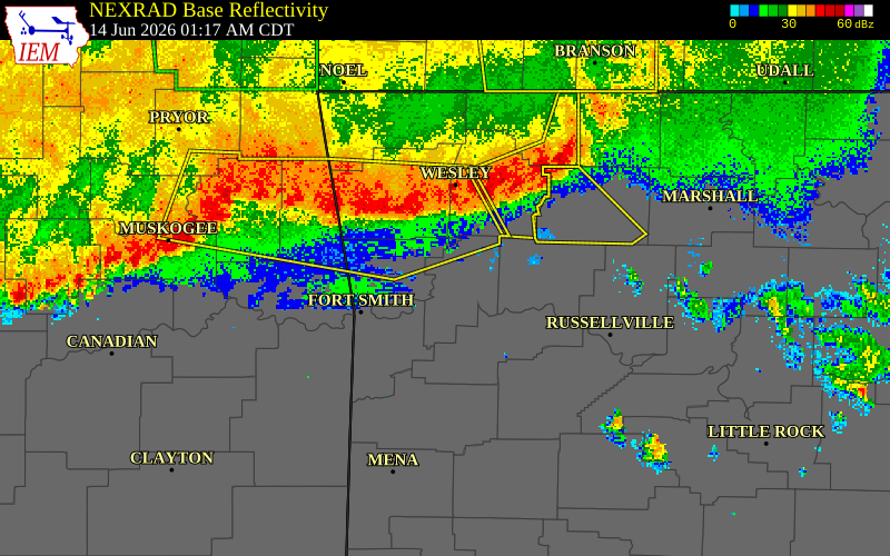 NEXRAD radar during the Sunday, June 14, 2026 storm activity in Le Flore County, Oklahoma