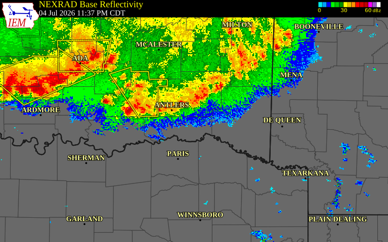 NEXRAD radar during the Saturday, July 4, 2026 storm activity in Le Flore County, Oklahoma