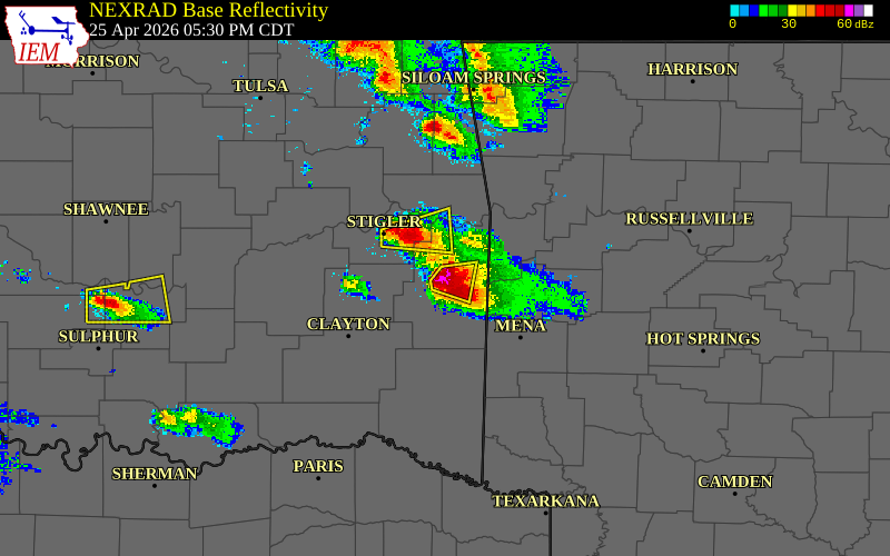 Radar snapshot during the Apr 25, 2026 hail event near Wister, Le Flore County, Oklahoma, with NWS warning polygons