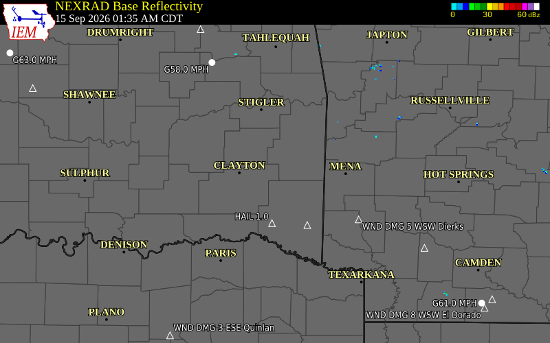 Current NEXRAD radar over Le Flore County, Oklahoma with recent storm report locations